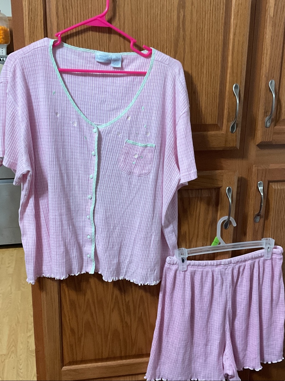 Premier Pink Short-Sleeve Button Pajama Set with Mint Trim vintage xl
